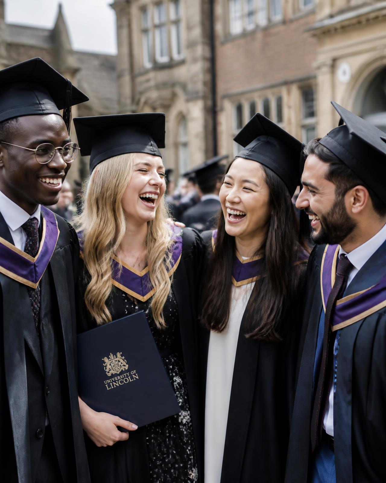 Diverse international graduates in caps and gowns celebrating at a UK university graduation